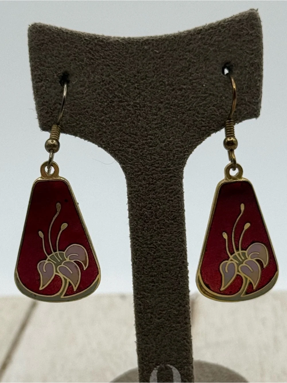 Gold-Tone Red cloisonné Floral Drop Earrings